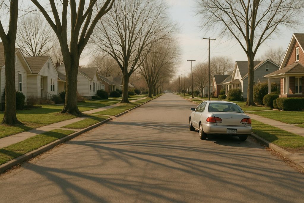 Parked car on a quiet street depicting a motor vehicle accident scenario.