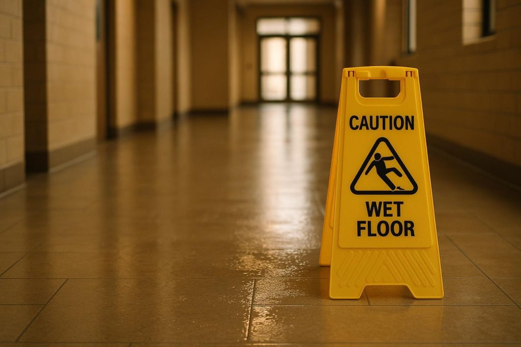 Caution sign on a wet floor indicating potential slip and fall negligence.