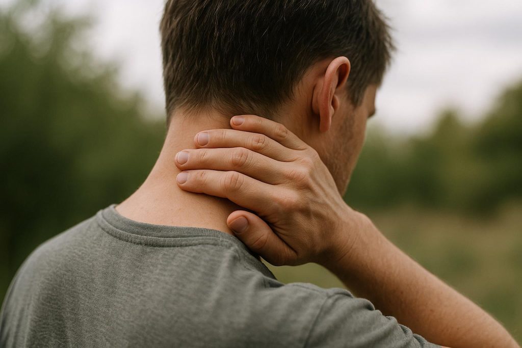 Person gently holding neck to illustrate whiplash concern.