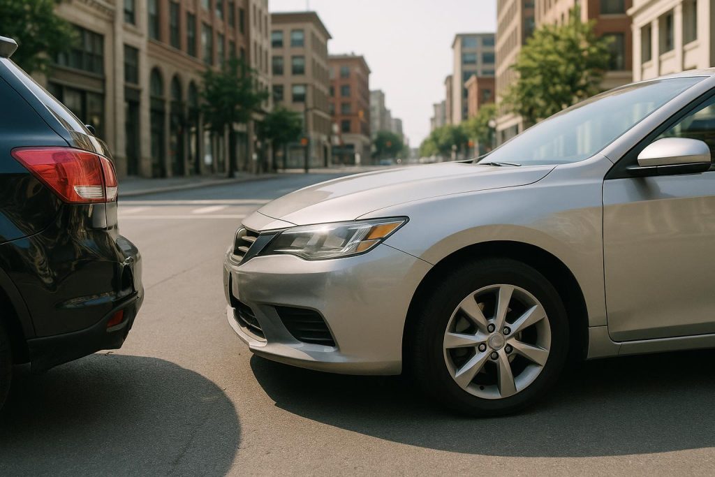 Minor car collision on a city street, referencing how insurers determine fault in motor vehicle accidents.
