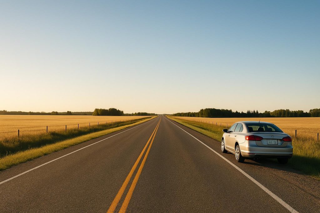 Alberta roadside with a parked car, illustrating a car accident claim timeline.