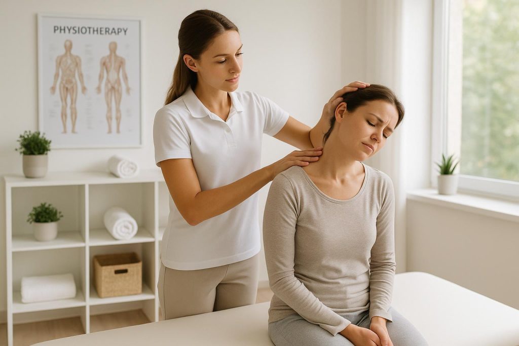 A whiplash patient receiving gentle physiotherapy in Alberta.