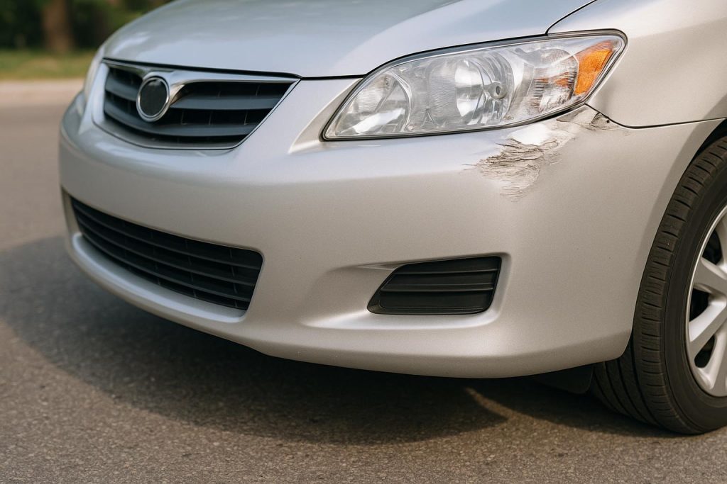 Damaged silver sedan bumper after a car accident.