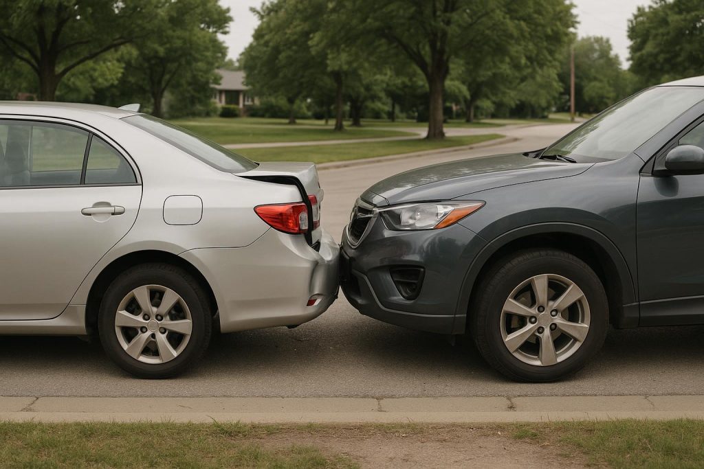 Two cars after a minor car accident, drivers exchanging details and taking photos.