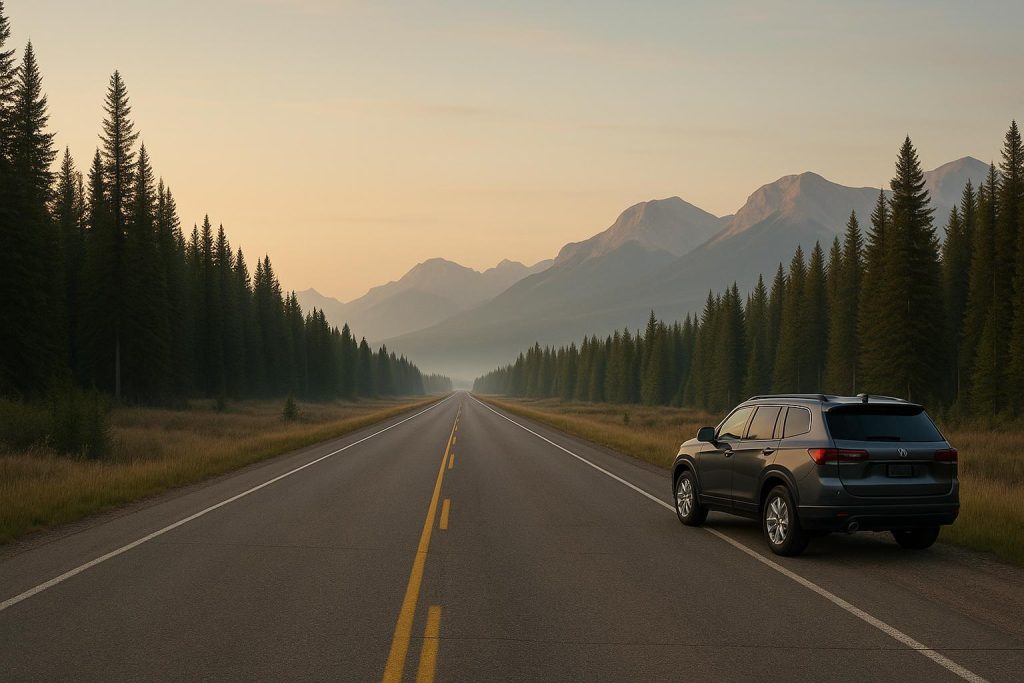 Quiet Alberta roadside with a parked car, reflecting whiplash claims context.