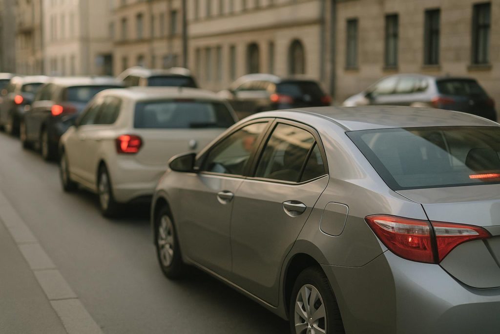 Several cars lined up on a street after a collision, illustrating personal injury law scenarios.