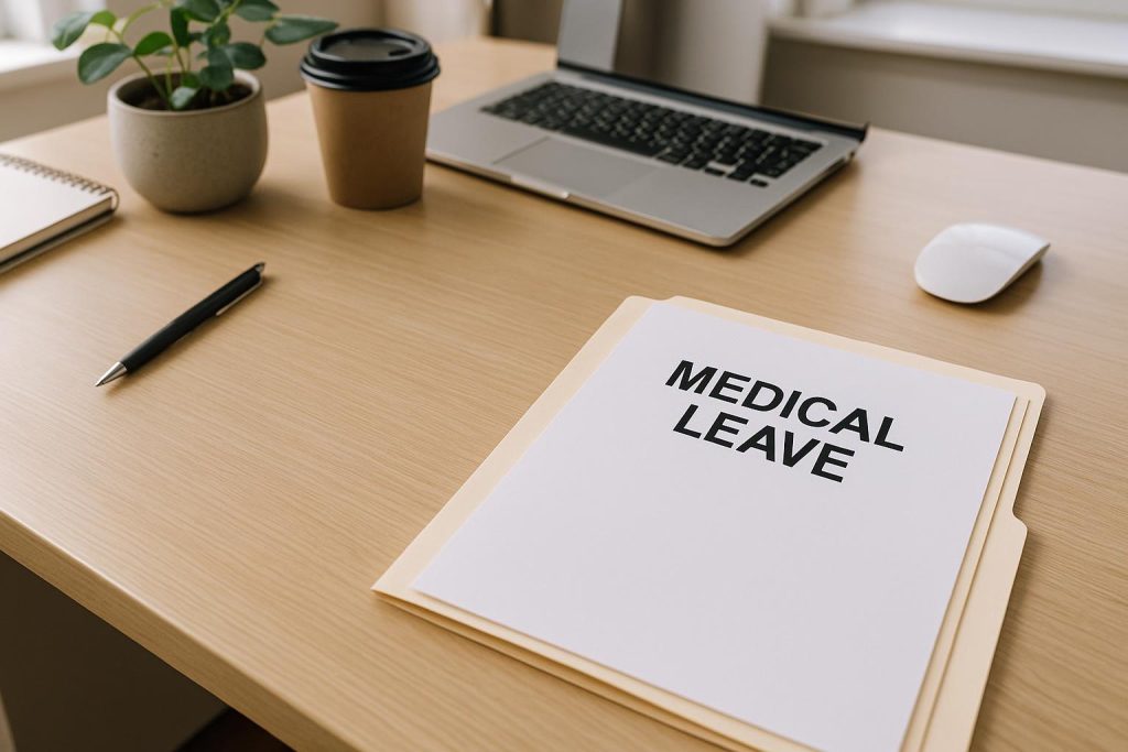 Open medical leave folder on an office desk, reflecting employment law concerns.