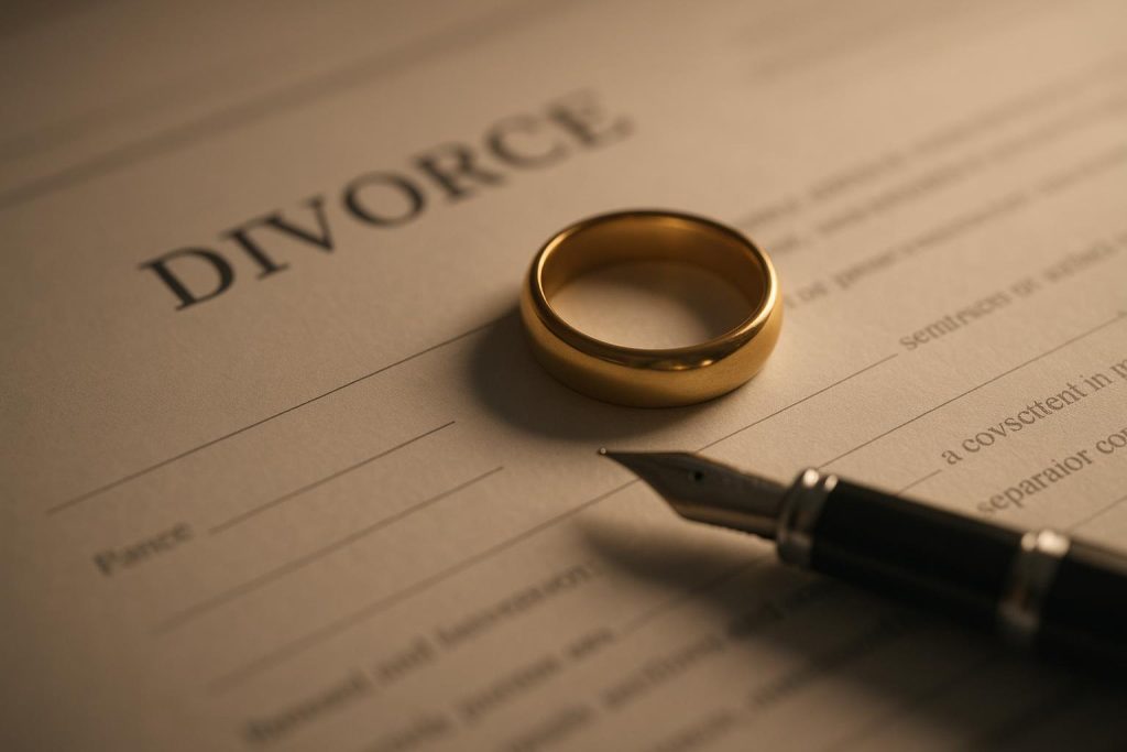 Wedding ring and pen on divorce documents symbolizing marital asset division.