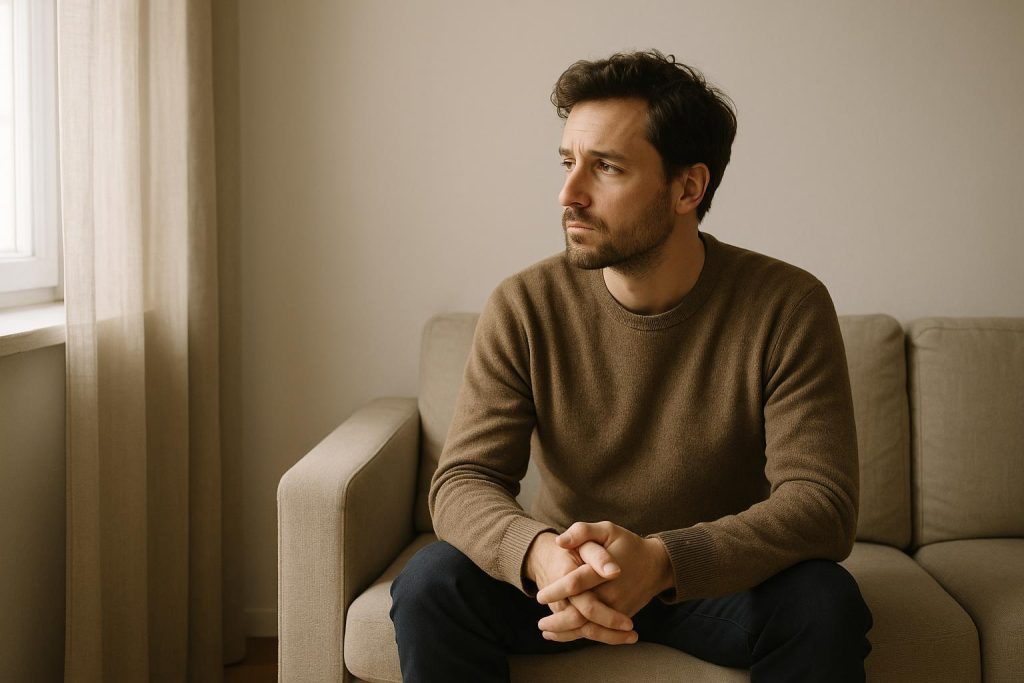 Thoughtful adult in a bright, airy room reflecting on spousal support responsibilities.