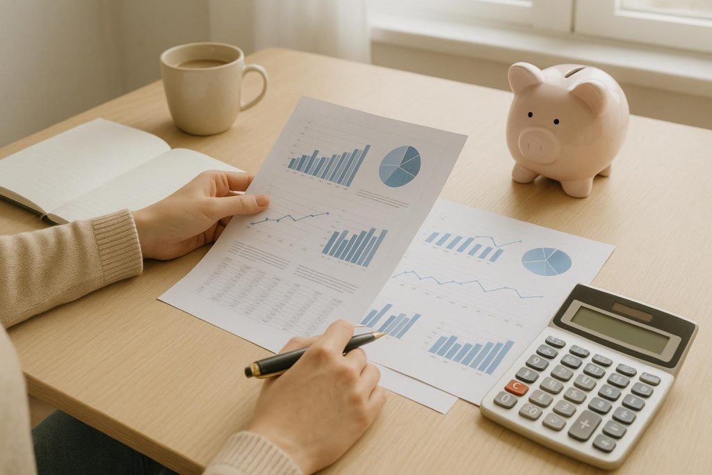 A person organizes financial documents with a piggy bank nearby, illustrating divorce savings protection.