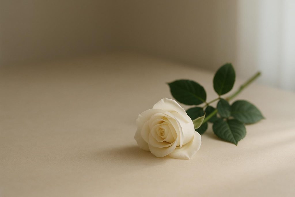 White rose on table symbolizing reflection in wrongful death matters.