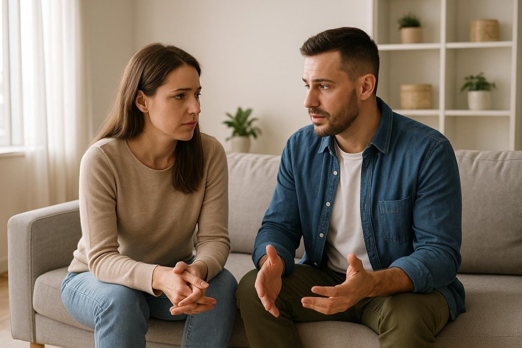 Two parents calmly discussing co-parenting solutions in a bright living room.