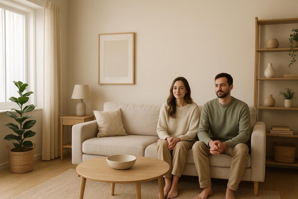 Mid-30s couple in a neutral living room discussing spousal support.
