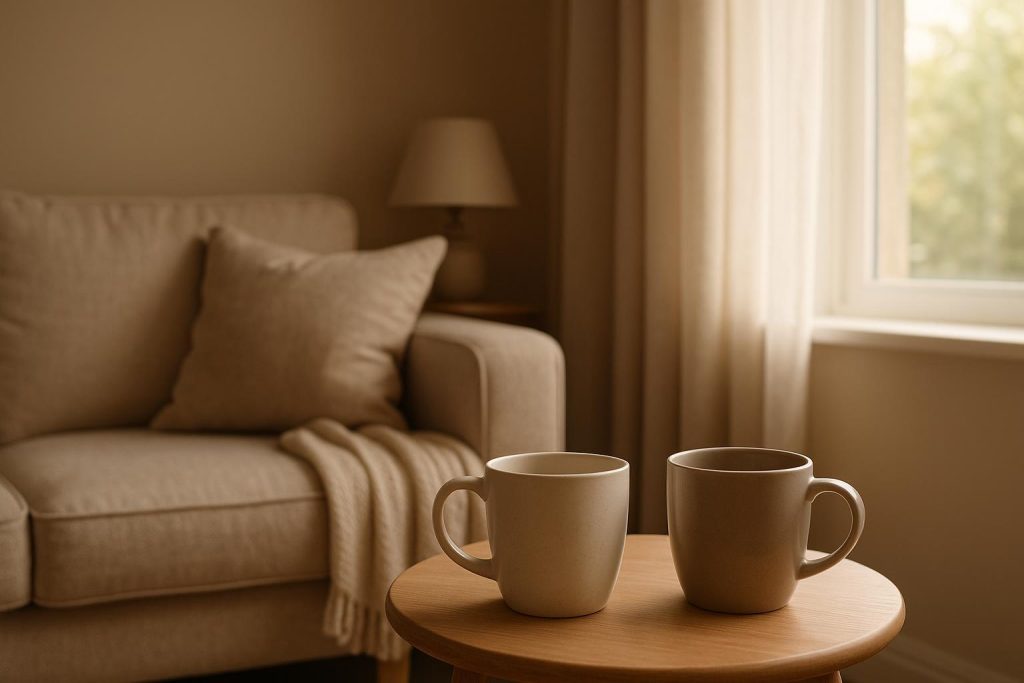 Bright living room with two mugs symbolizing spousal support in a common law relationship.
