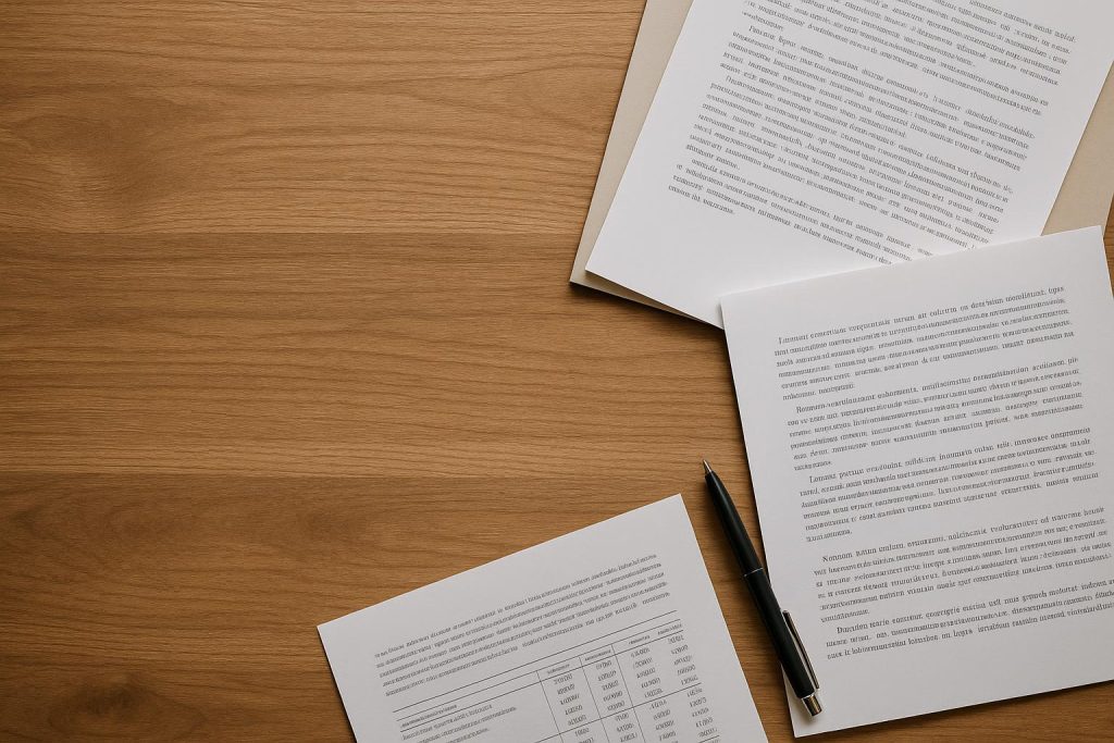Overhead shot of a desk with spousal support legal papers and a pen.