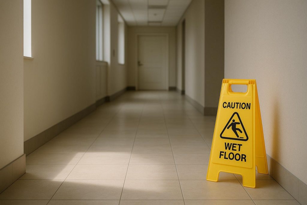 A hallway with a caution sign referencing premises liability.