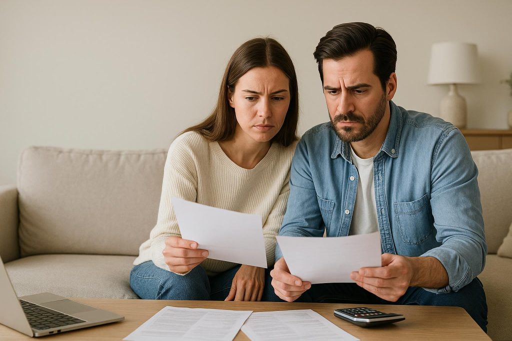 Couple reviewing documents at home related to alimony in Canada.
