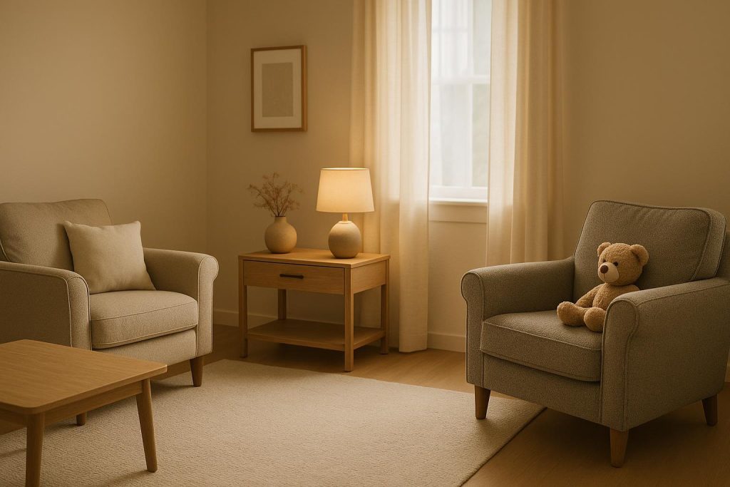 Two chairs turned away with a child's toy, reflecting custody disagreements.