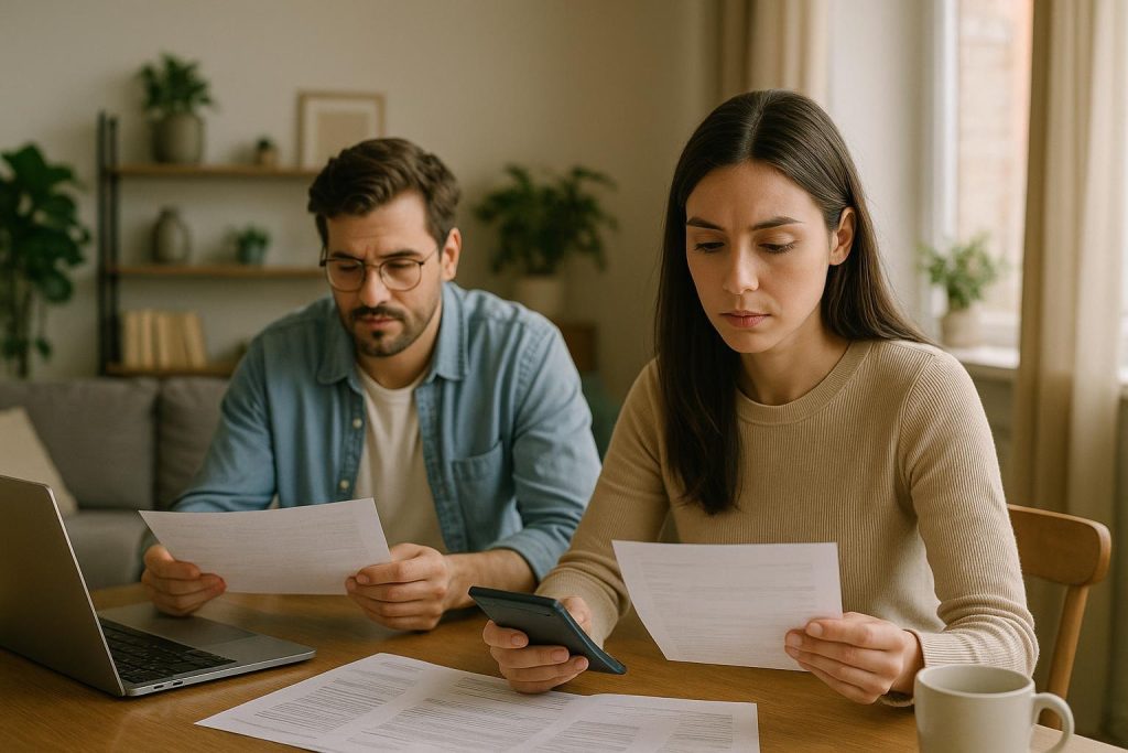 Couple discussing finances in context of spousal support at home.
