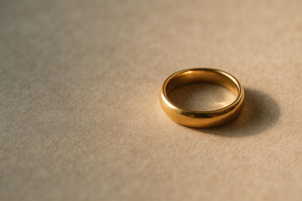 Single gold wedding ring on a pale surface, symbolizing divorce in Alberta.