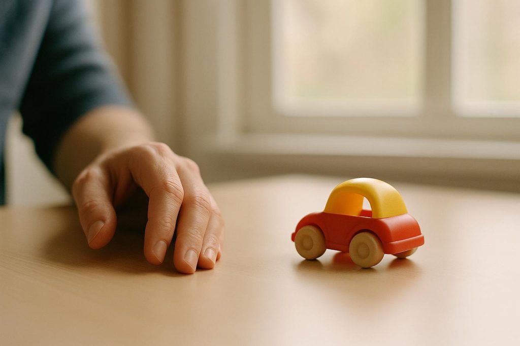 Parent’s hand and a small toy on a neat desk, reflecting child custody considerations.