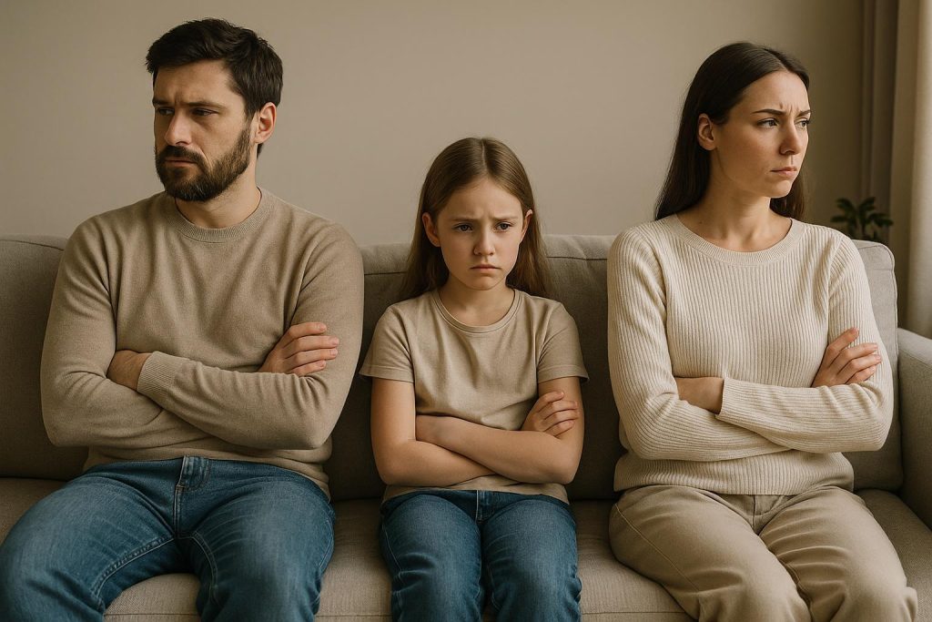 Parents sit apart with child in between, depicting tension in a custody battle.