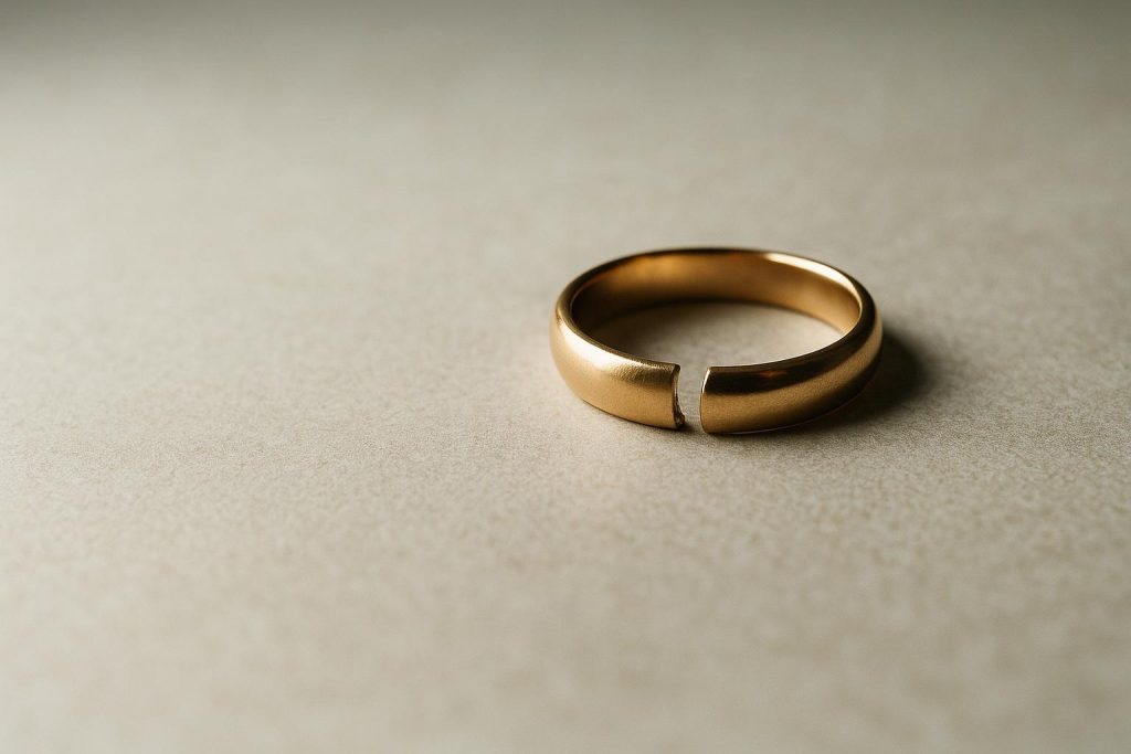 A parted gold ring rests on a neutral surface in natural light, symbolizing divorce.