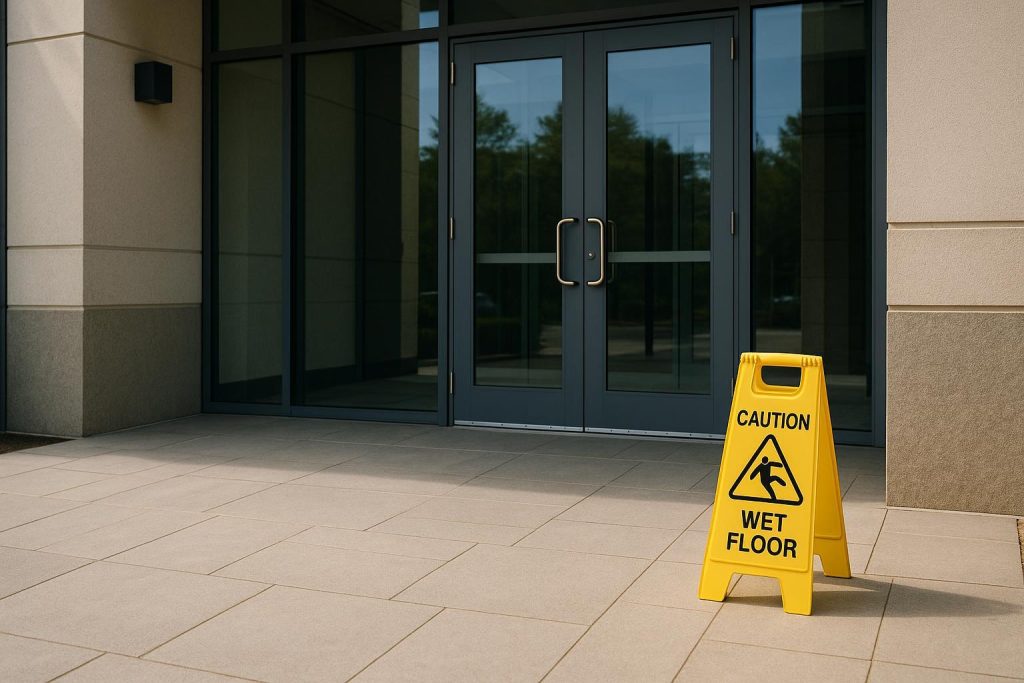 A caution sign stands on a building walkway, illustrating a premises liability example.