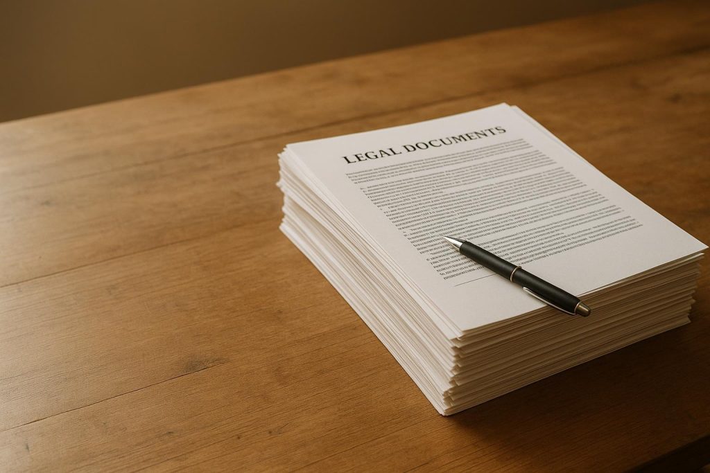 A photo of estate planning papers on a wooden table referencing wills