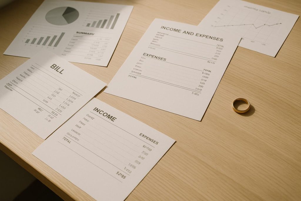Desk with documents and ring referencing hiding assets in divorce.