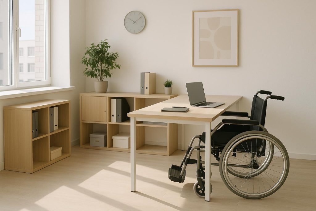 Wheelchair in a modern office illustrating Employment Law obligations for disabled employees.