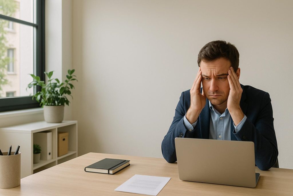 Focused professional appears concerned in a workplace, highlighting workplace discrimination issues.